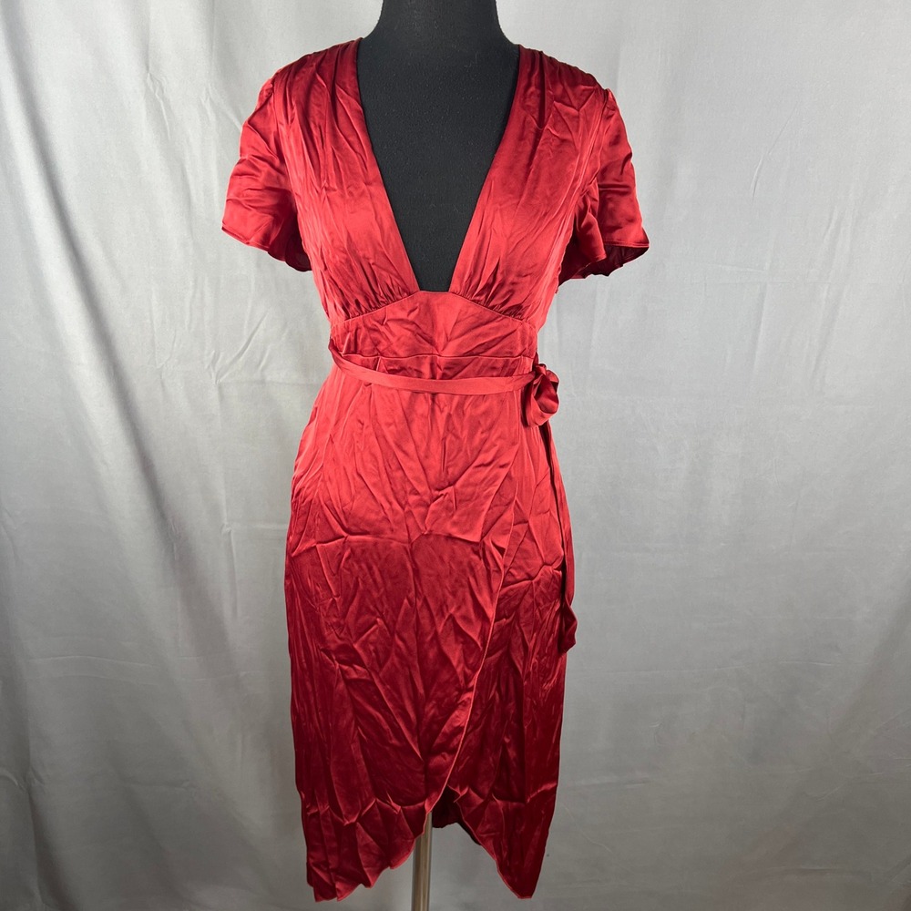 Express Wrap Midi Dress Women 2 Red Satin Asymmetrical Split Front Hemline Party